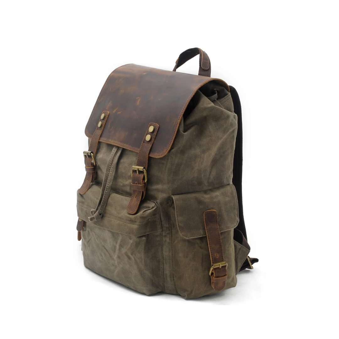 Joël | Sac à dos classique en toile cirée avec rabat en cuir