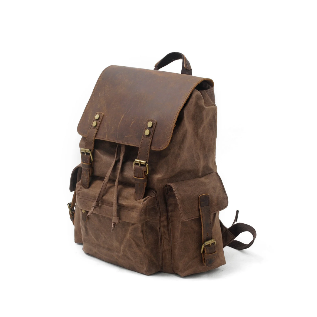 Joël | Sac à dos classique en toile cirée avec rabat en cuir