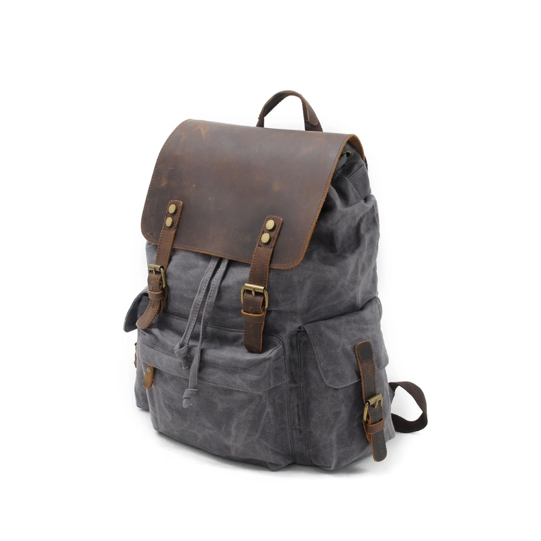Joël | Sac à dos classique en toile cirée avec rabat en cuir