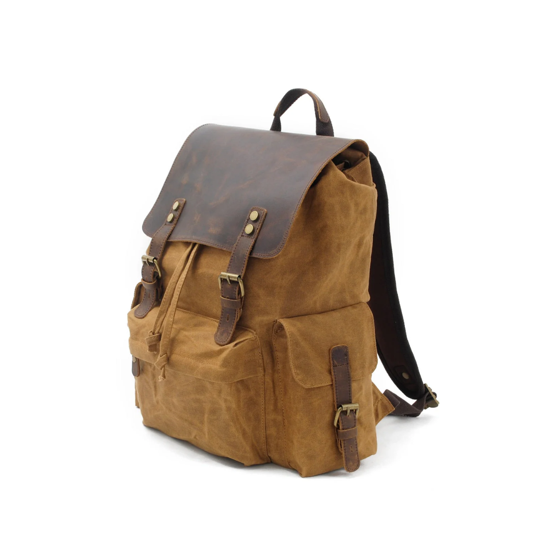 Joël | Sac à dos classique en toile cirée avec rabat en cuir