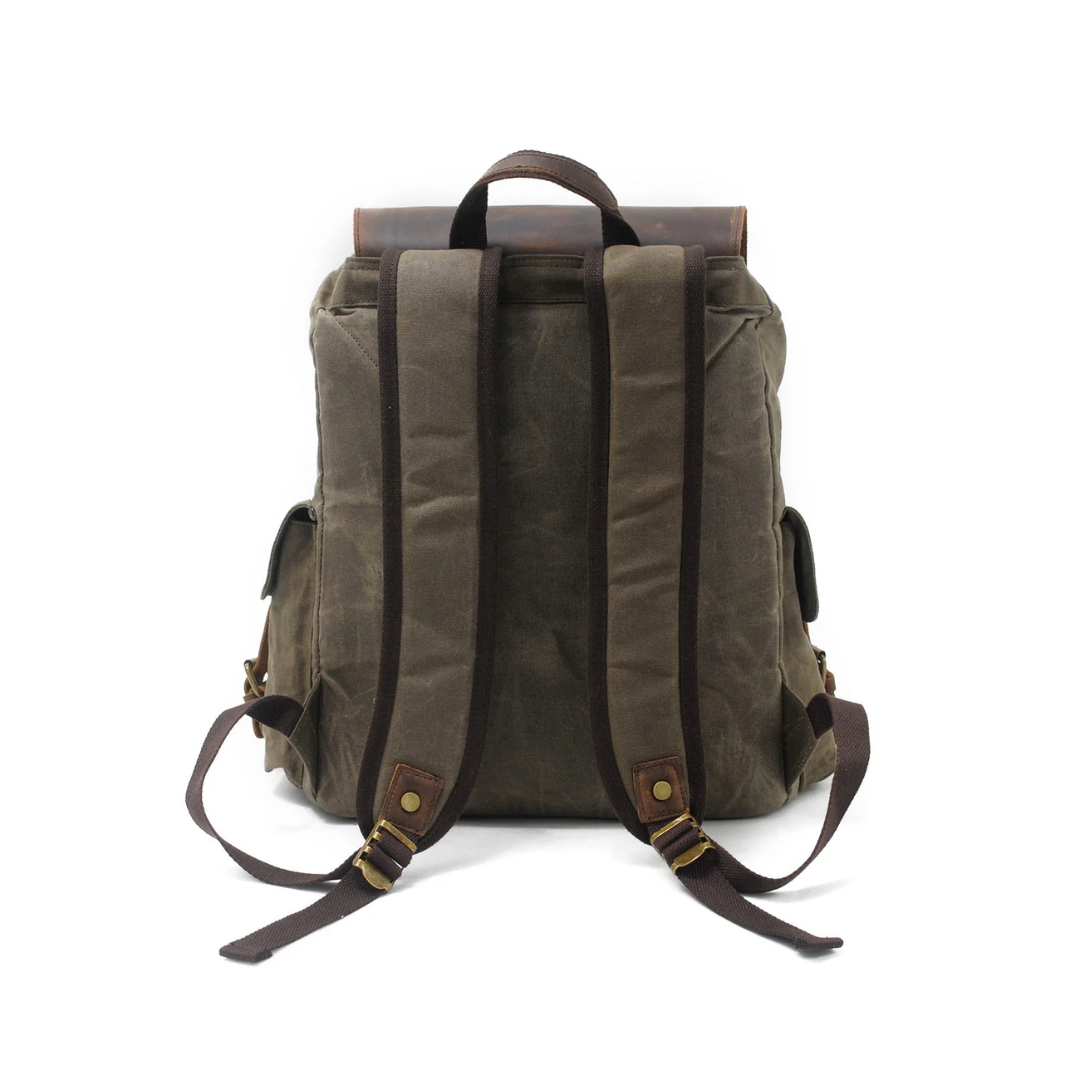 Joël | Sac à dos classique en toile cirée avec rabat en cuir