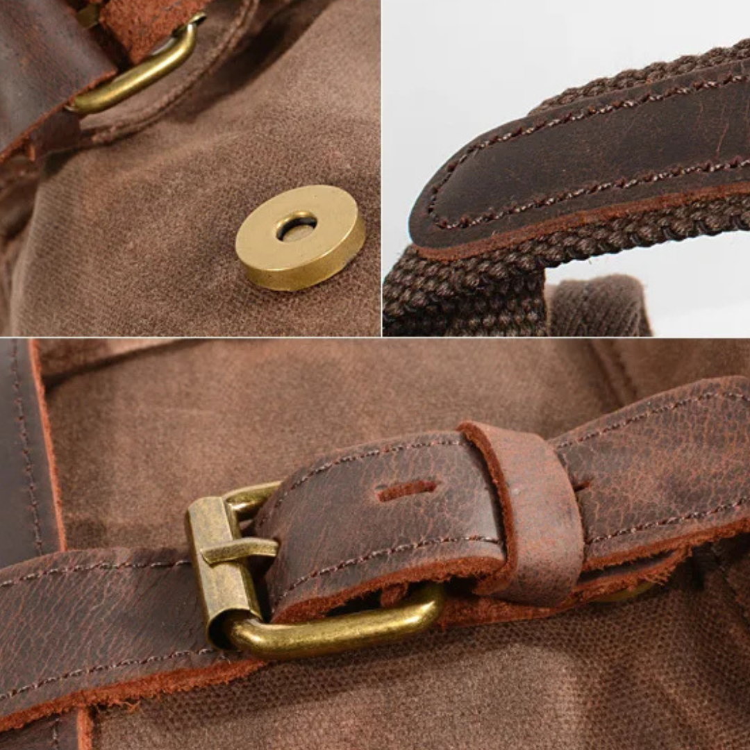 Joël | Sac à dos classique en toile cirée avec rabat en cuir