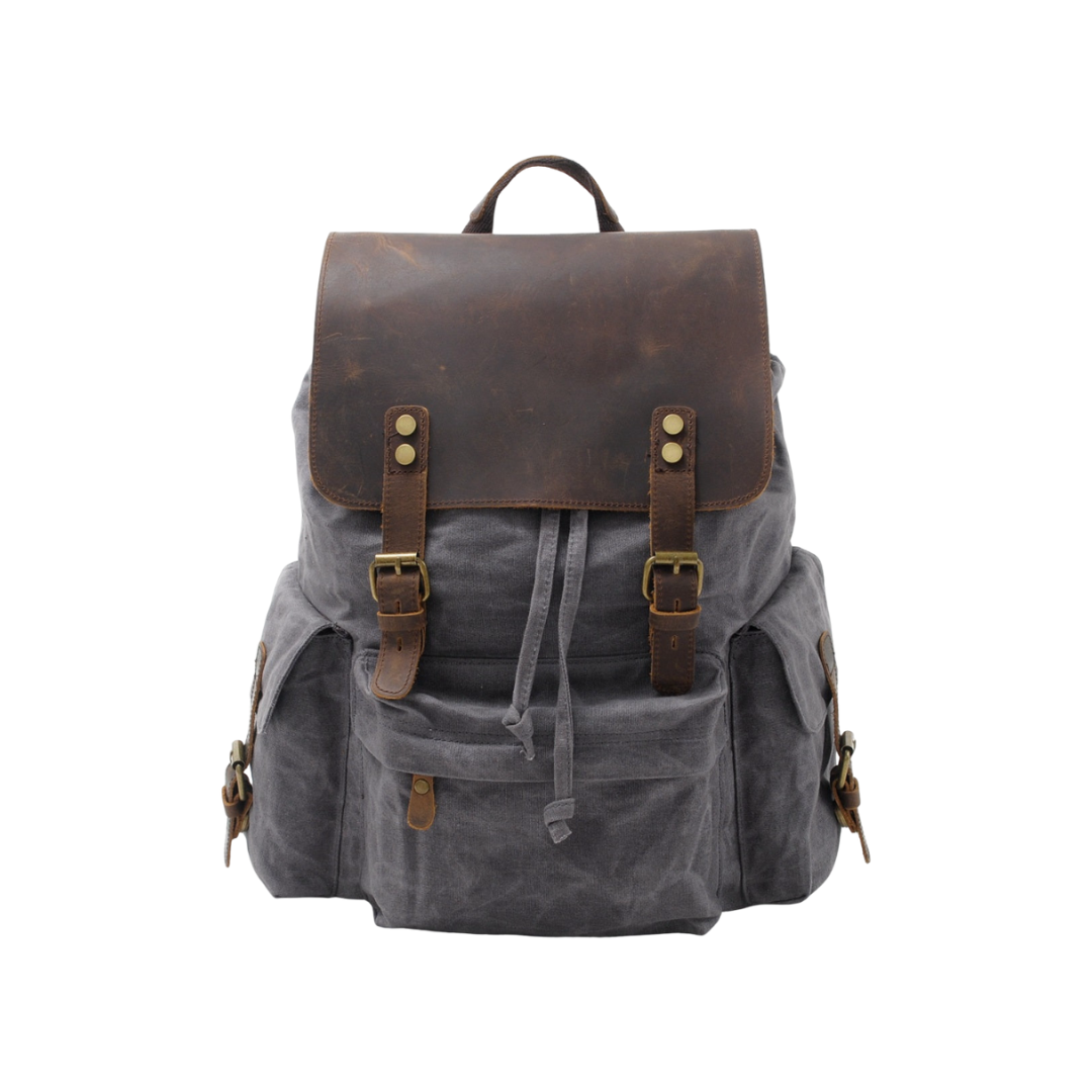 Joël | Sac à dos classique en toile cirée avec rabat en cuir