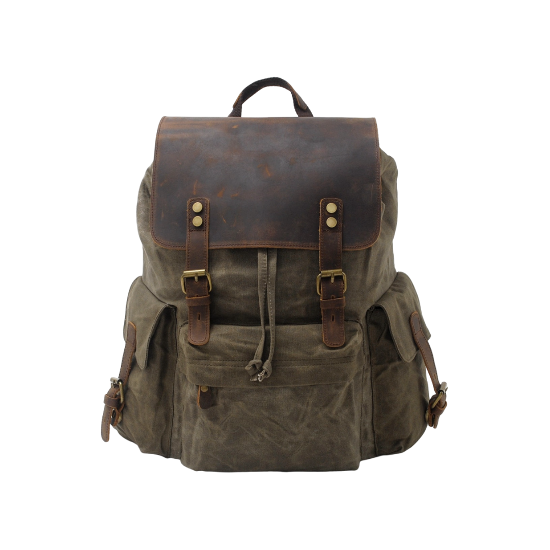 Joël | Sac à dos classique en toile cirée avec rabat en cuir