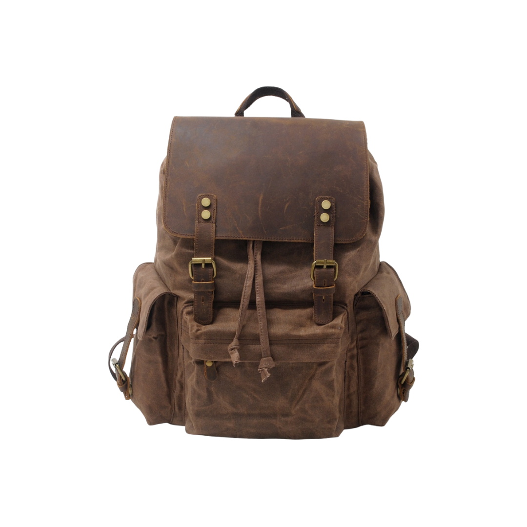 Joël | Sac à dos classique en toile cirée avec rabat en cuir