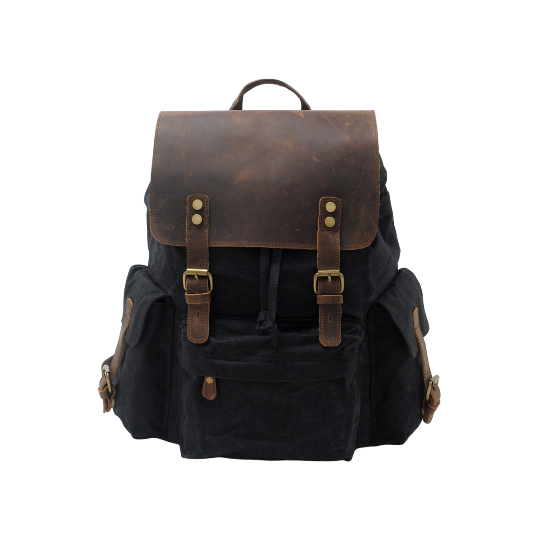 Joël | Sac à dos classique en toile cirée avec rabat en cuir
