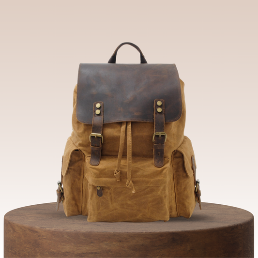 Joël | Sac à dos classique en toile cirée avec rabat en cuir