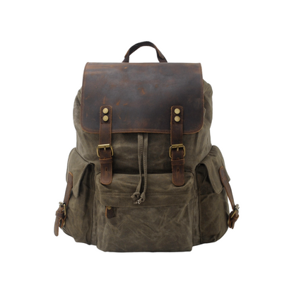 Joël | Sac à dos classique en toile cirée avec rabat en cuir