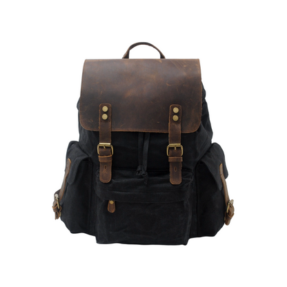 Joël | Sac à dos classique en toile cirée avec rabat en cuir